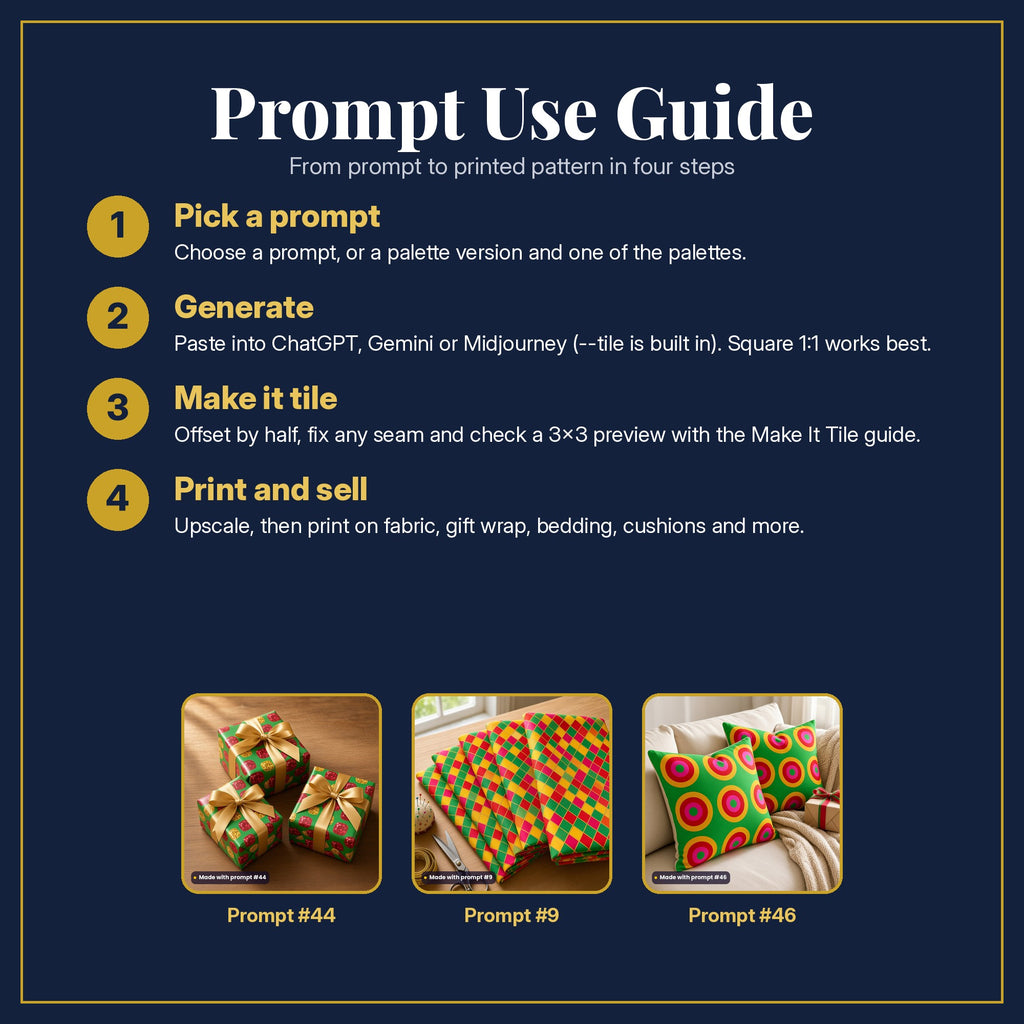 Prompt Use Guide in four steps: pick a prompt, generate, make it tile, print and sell, with example products made with prompt #44, prompt #9, prompt #46