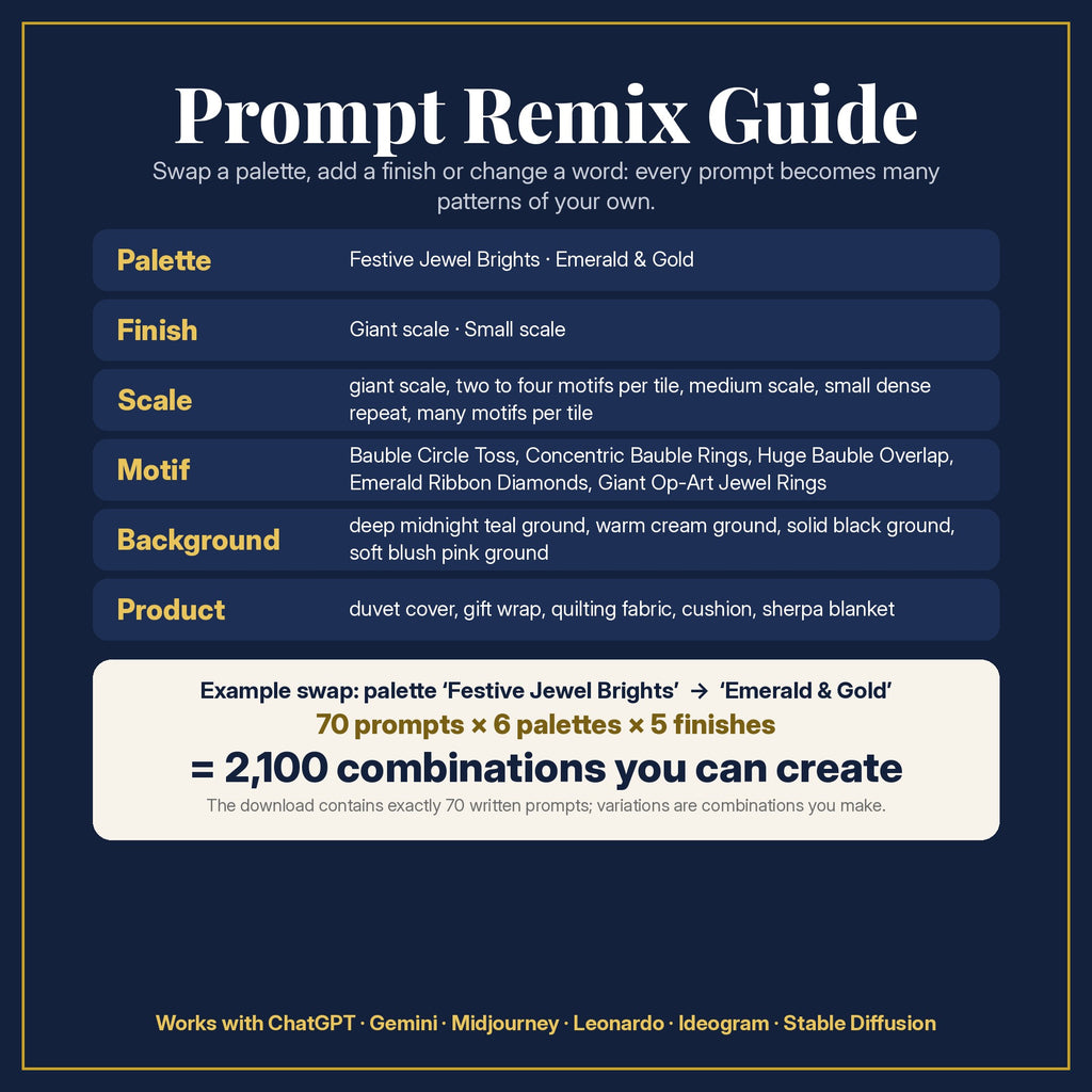 Prompt Remix Guide: swap the palette, finish, scale, motif, background or product; 70 prompts × 6 palettes × 5 finishes = 2,100 combinations you can create