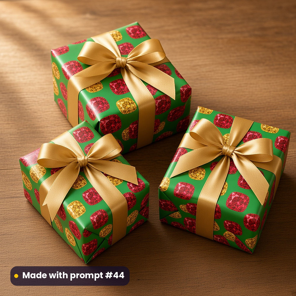 Three presents wrapped in green paper printed with big ruby and gold cut gems, tied with gold satin bows, made with prompt #44