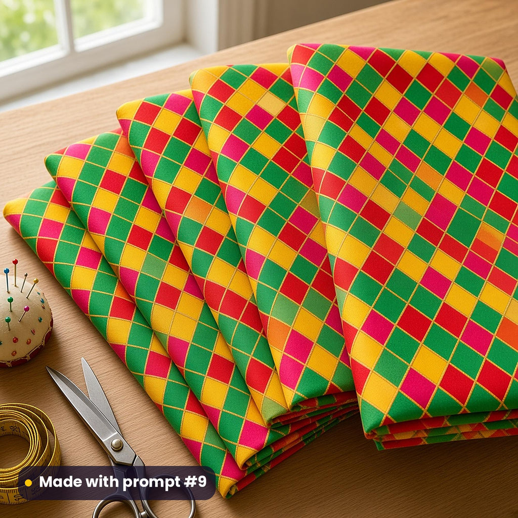 Folded quilting cotton printed with a harlequin check of emerald, ruby and gold diamonds with thin pink lines, beside scissors and a tape measure, made with prompt #9