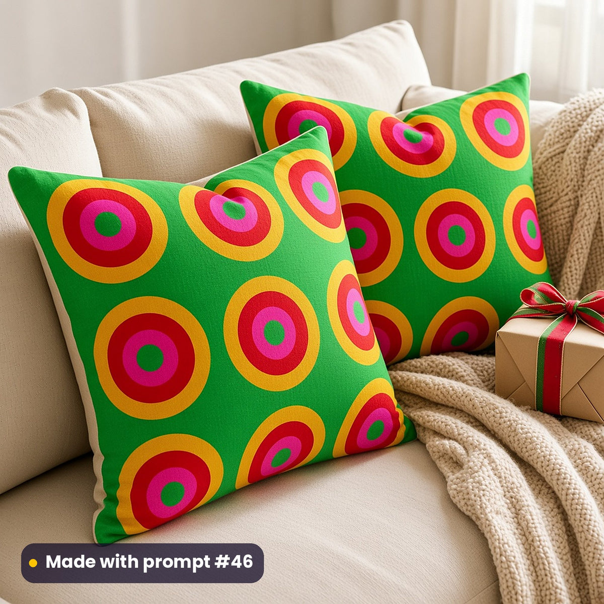 Two cushions on a cream sofa printed with big gold, red and pink concentric rings on bright emerald green, made with prompt #46