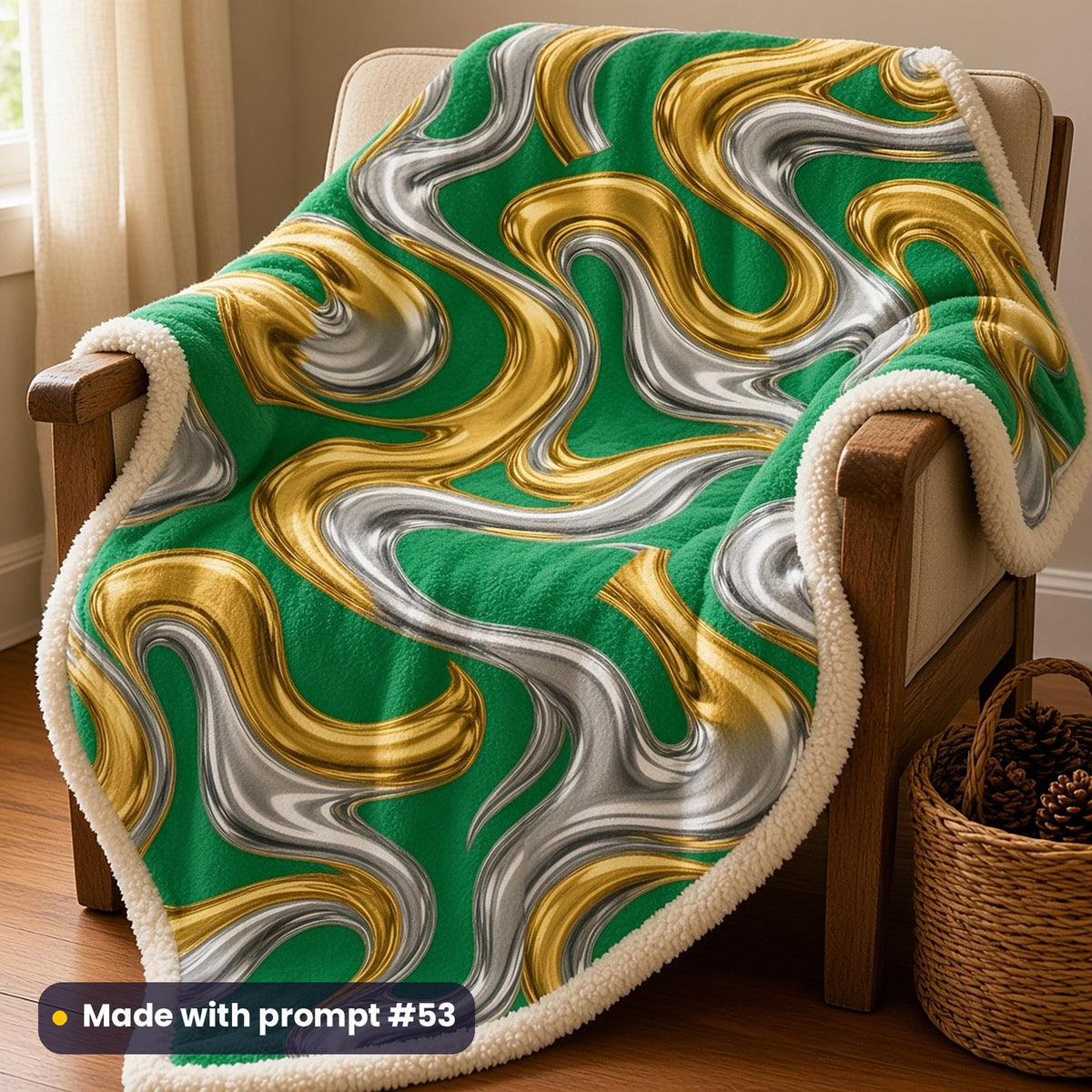 A sherpa fleece blanket draped over an armchair, printed with molten gold and silver ribbons on emerald green, made with prompt #53