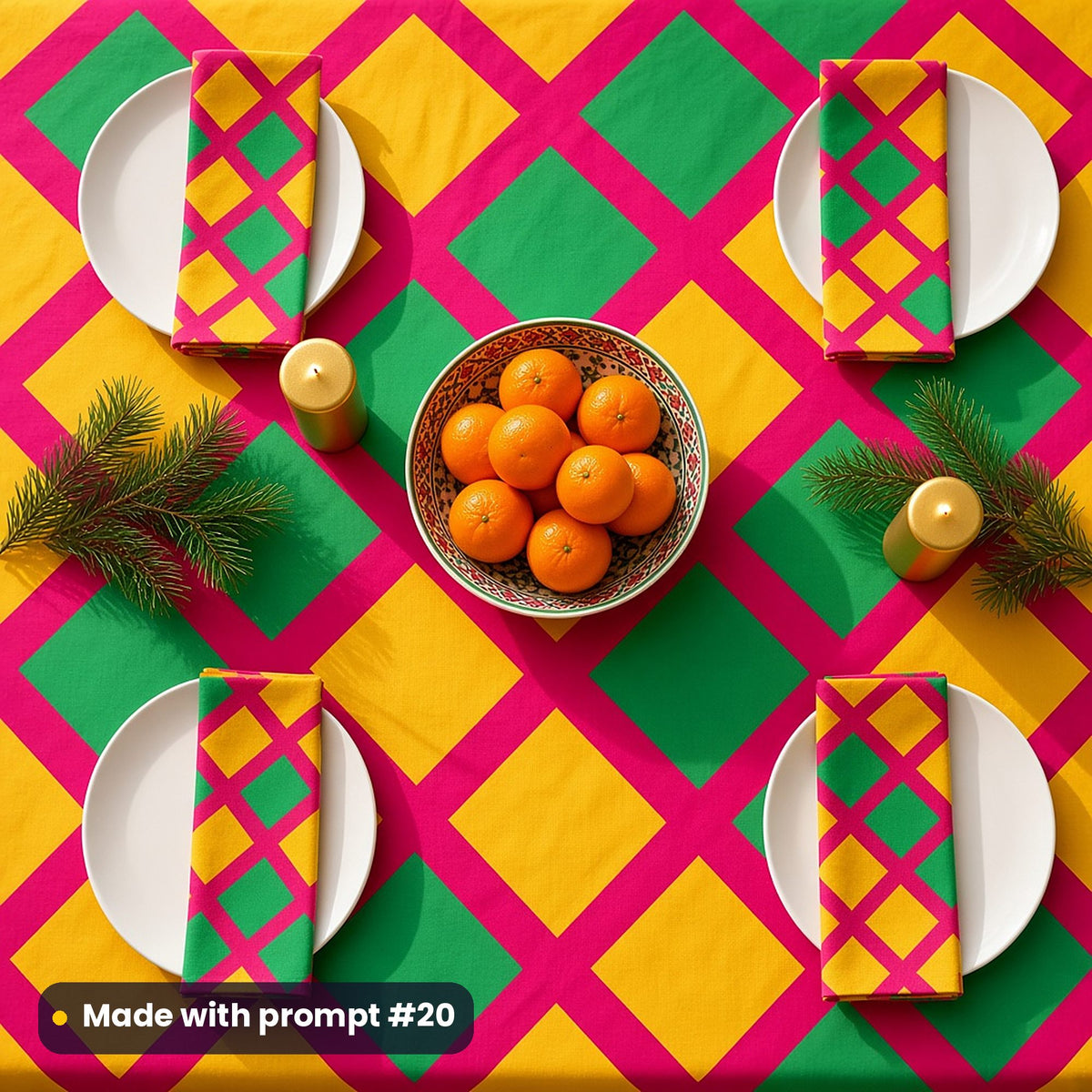 A festive table laid on a tablecloth and napkins printed with a pink lattice of emerald and gold diamonds, with clementines and gold candles, made with prompt #20