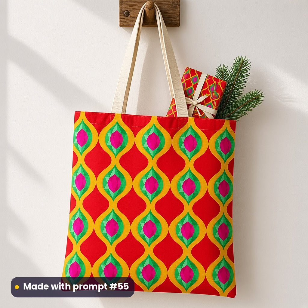 A canvas tote bag hanging on a peg, printed with a gold ogee lattice holding emerald and pink jewels on red, made with prompt #55