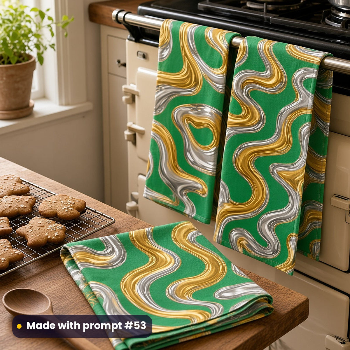 Tea towels hanging on a range cooker, printed with molten gold and silver ribbons on emerald green, beside gingerbread biscuits, made with prompt #53