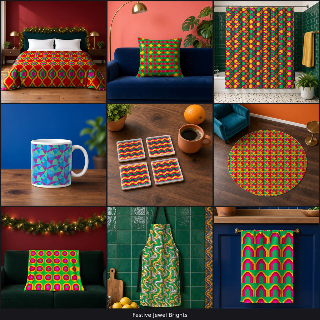 Variety collage of 9 patterns in different palettes on a duvet cover, cushion, shower curtain, mug, coaster, rug, blanket, apron and tea towel, example use of Festive Jewel Brights Seamless Pattern Prompt Pack