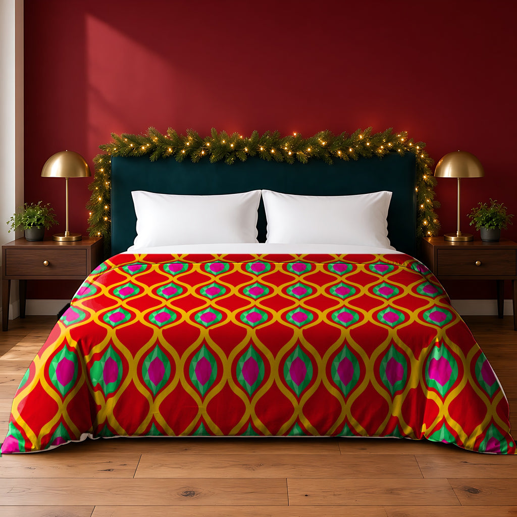 Grand Gold Ogee Lattice II in Festive Jewel Brights palette on a duvet cover, example use of Festive Jewel Brights Seamless Pattern Prompt Pack