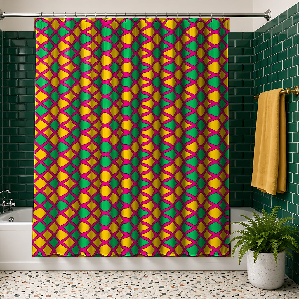 Harlequin Gold Grid in Magenta & Gold palette on a shower curtain, example use of Festive Jewel Brights Seamless Pattern Prompt Pack