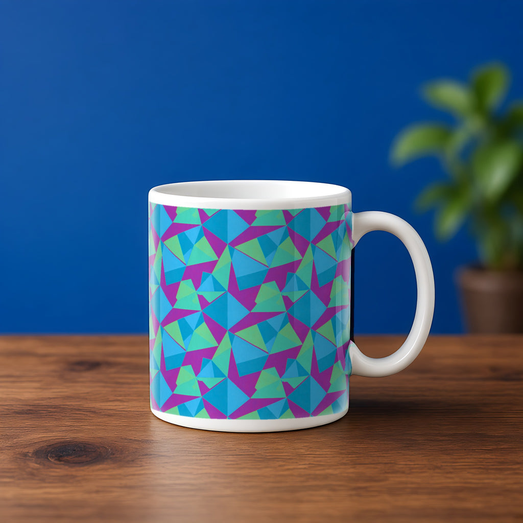 Faceted Gold Panels in Ice Jewel palette on a mug, example use of Festive Jewel Brights Seamless Pattern Prompt Pack