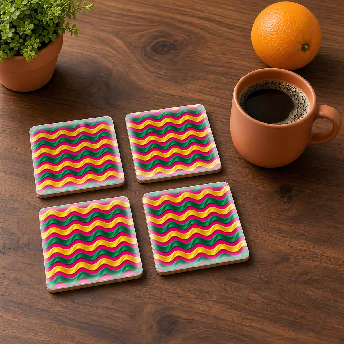 Satin Wave Bands in Cranberry Spice palette on a coaster, example use of Festive Jewel Brights Seamless Pattern Prompt Pack