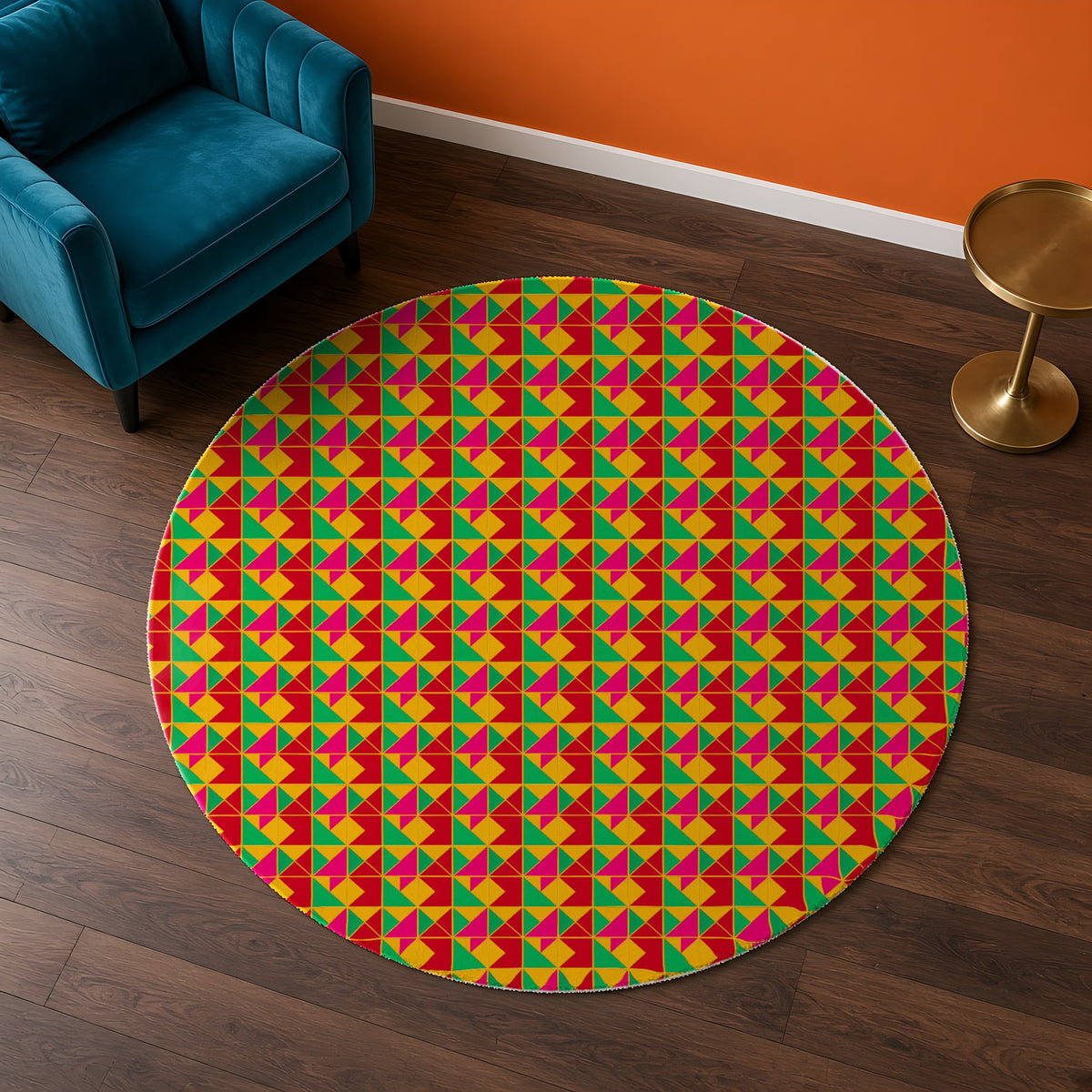 Jewel Block Quilt in Gold Ground Glitz palette on a rug, example use of Festive Jewel Brights Seamless Pattern Prompt Pack