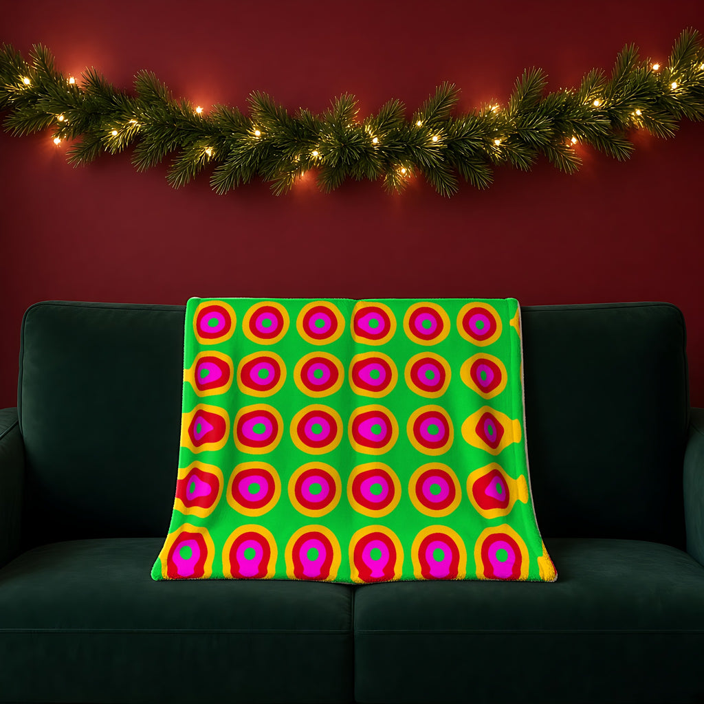 Giant Op-Art Jewel Rings in its original colours on a blanket, example use of Festive Jewel Brights Seamless Pattern Prompt Pack