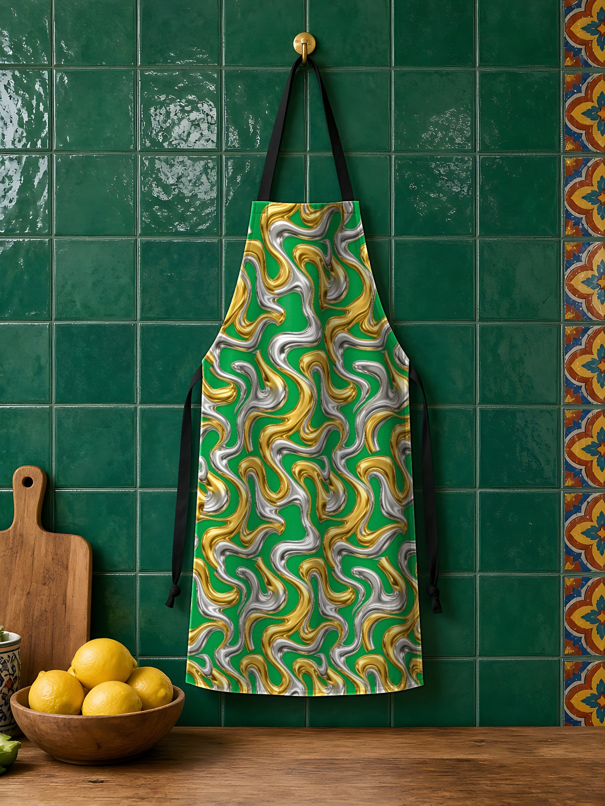 Broad Melting Gold Ribbons in Emerald & Gold palette on an apron, example use of Festive Jewel Brights Seamless Pattern Prompt Pack
