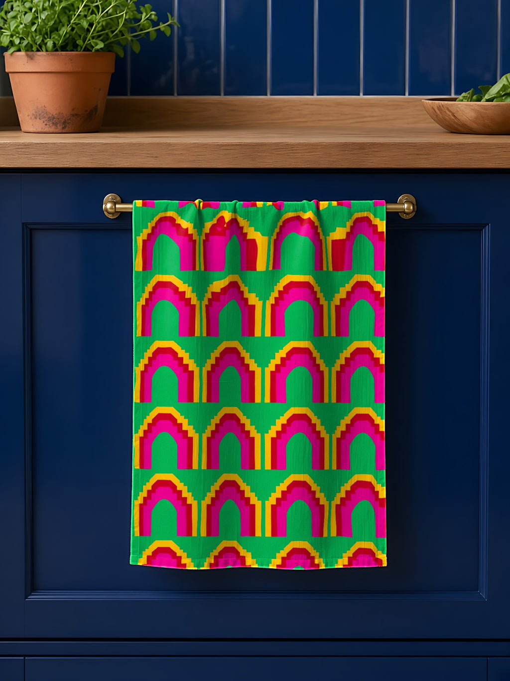 Grand Stepped Arches in Emerald & Gold palette on a tea towel, example use of Festive Jewel Brights Seamless Pattern Prompt Pack