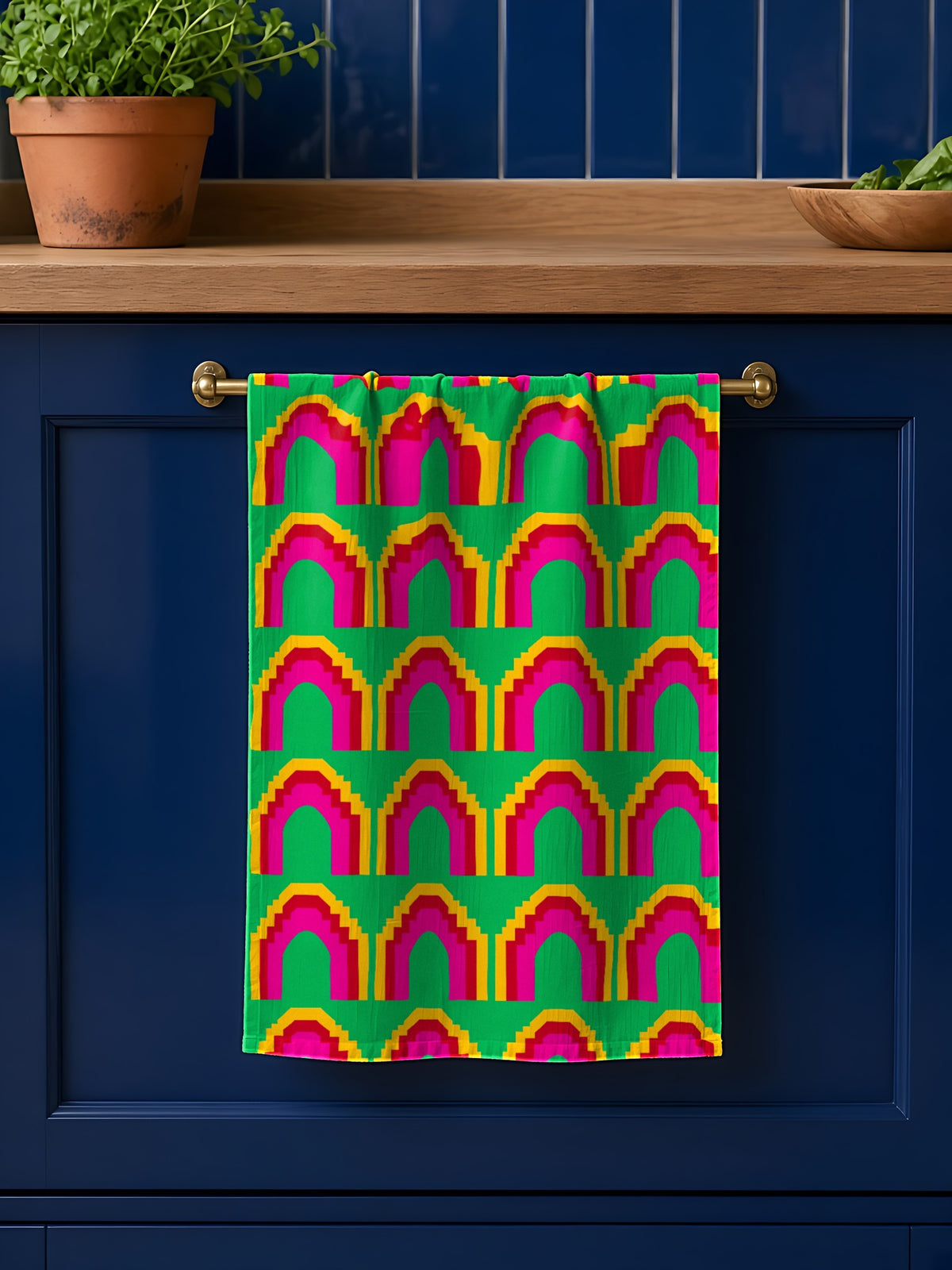 Grand Stepped Arches in Emerald & Gold palette on a tea towel, example use of Festive Jewel Brights Seamless Pattern Prompt Pack