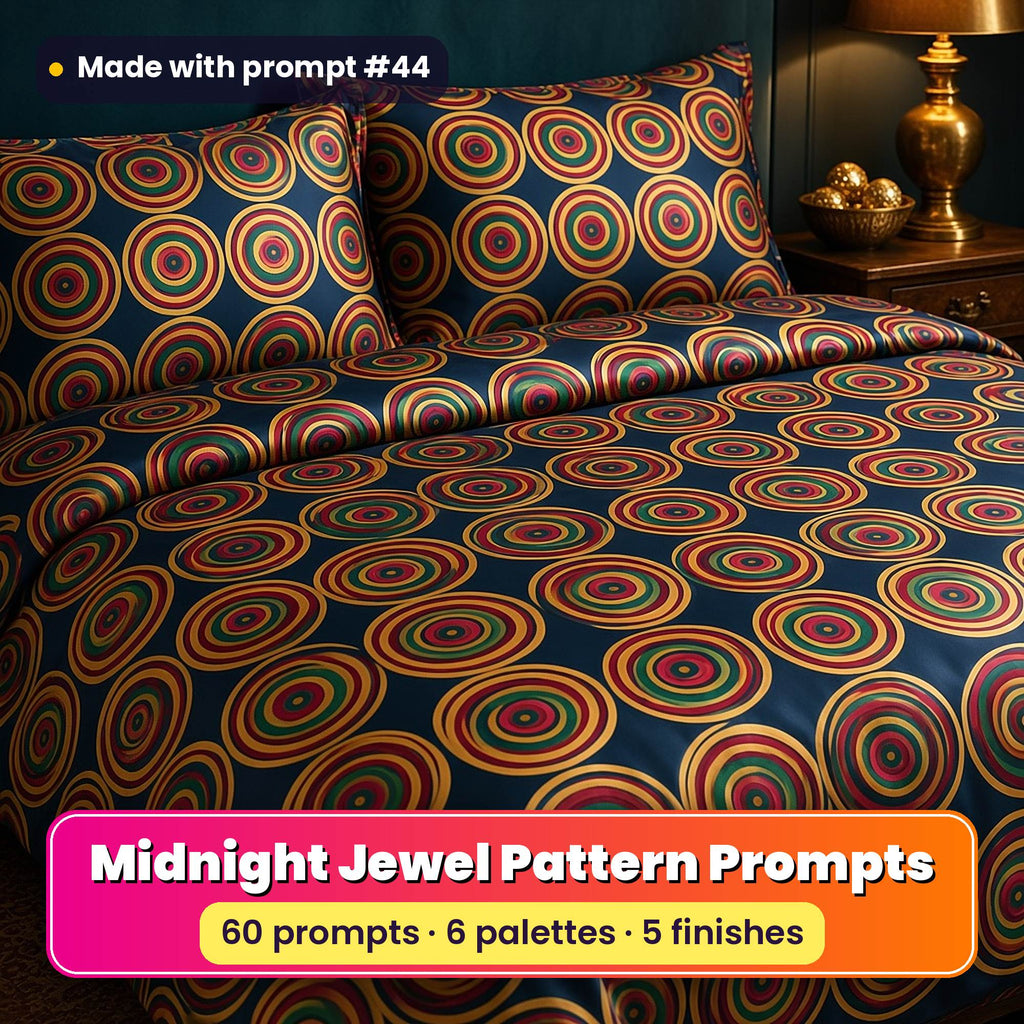 Midnight Jewel Luxe Seamless Pattern Prompt Pack title image: a double bed in a midnight teal duvet cover and pillowcases printed with gold, garnet and emerald concentric rings, made with prompt #44
