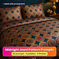 Midnight Jewel Luxe Seamless Pattern Prompt Pack title image: a double bed in a midnight teal duvet cover and pillowcases printed with gold, garnet and emerald concentric rings, made with prompt #44