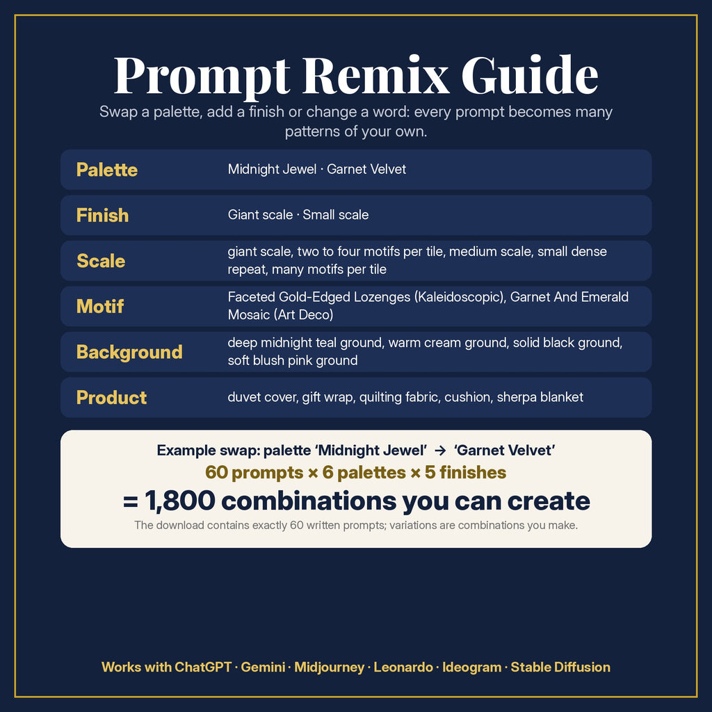 Prompt Remix Guide: swap the palette, finish, scale, motif, background or product; 60 prompts × 6 palettes × 5 finishes = 1,800 combinations you can create