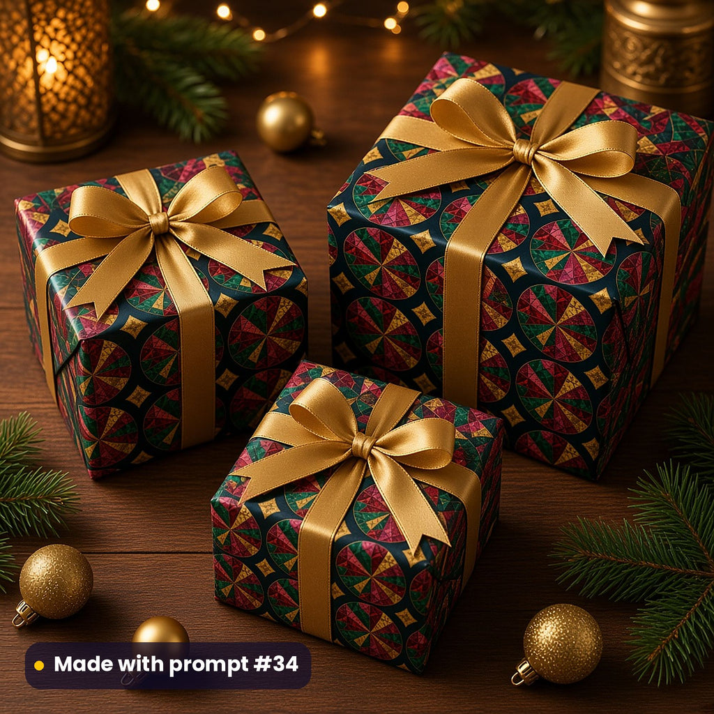 Three presents wrapped in dark paper printed with kaleidoscope jewel wheels in garnet, emerald and gold, tied with gold bows, made with prompt #34