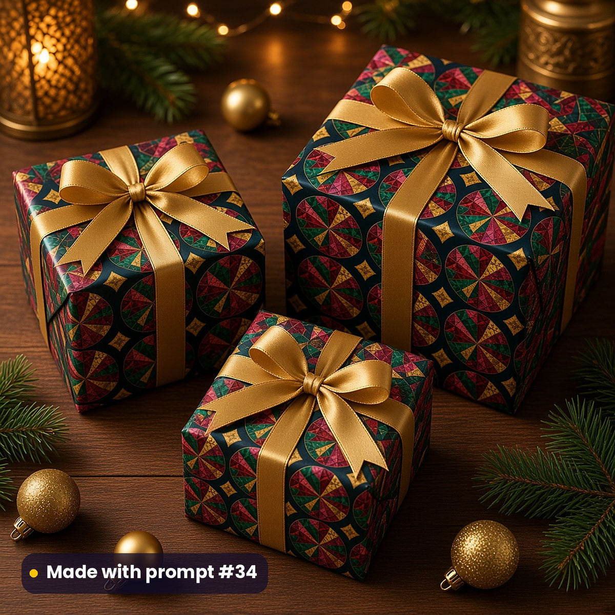 Three presents wrapped in dark paper printed with kaleidoscope jewel wheels in garnet, emerald and gold, tied with gold bows, made with prompt #34