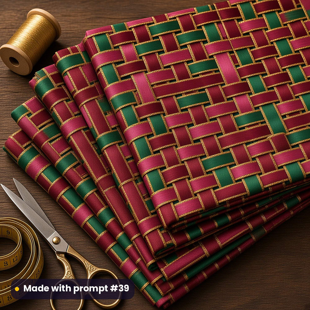 Folded quilting cotton printed with a basket weave of garnet and emerald satin ribbons edged in gold, beside brass scissors, made with prompt #39