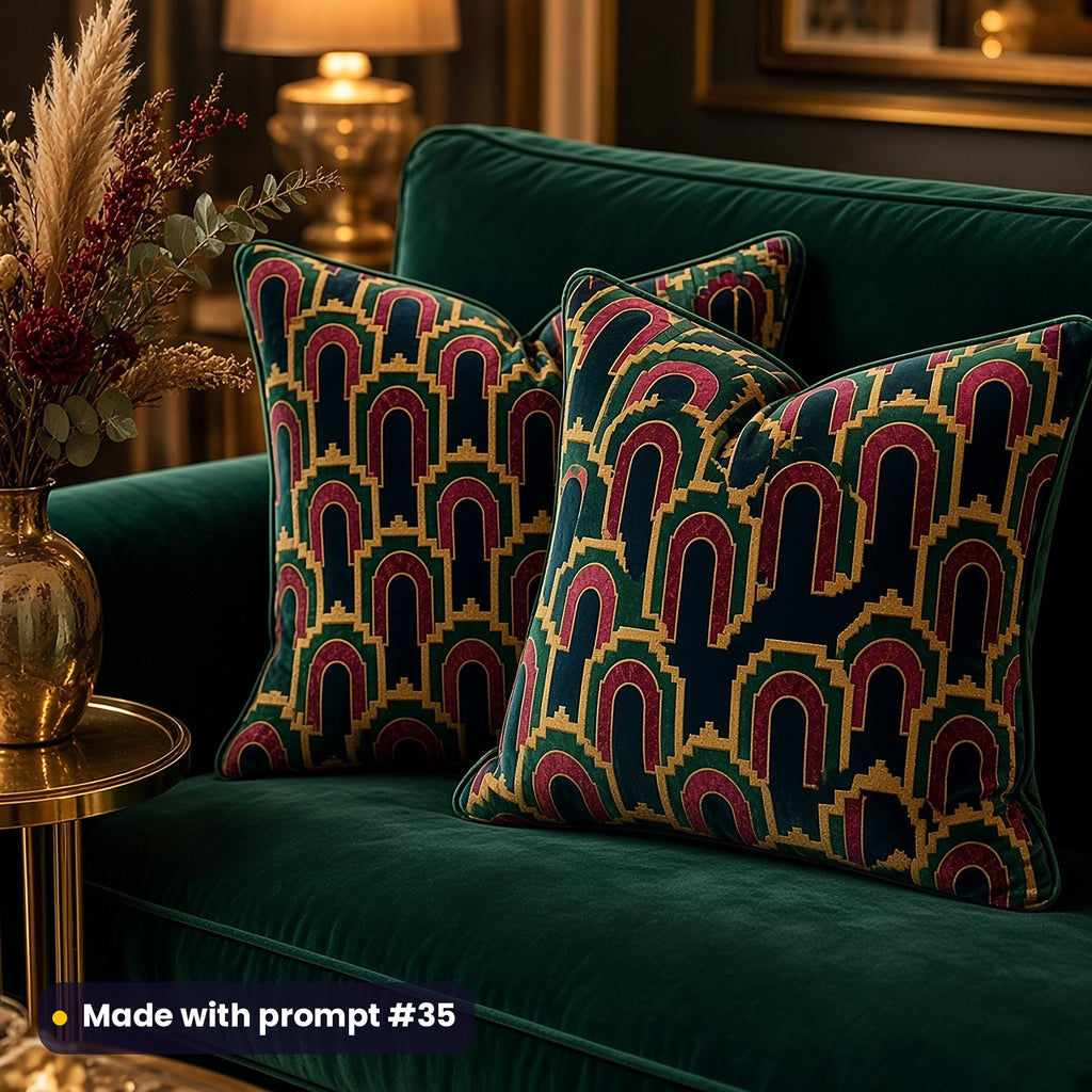 Velvet cushions on an emerald sofa printed with stepped art deco arches in gold, garnet and emerald on midnight navy, made with prompt #35