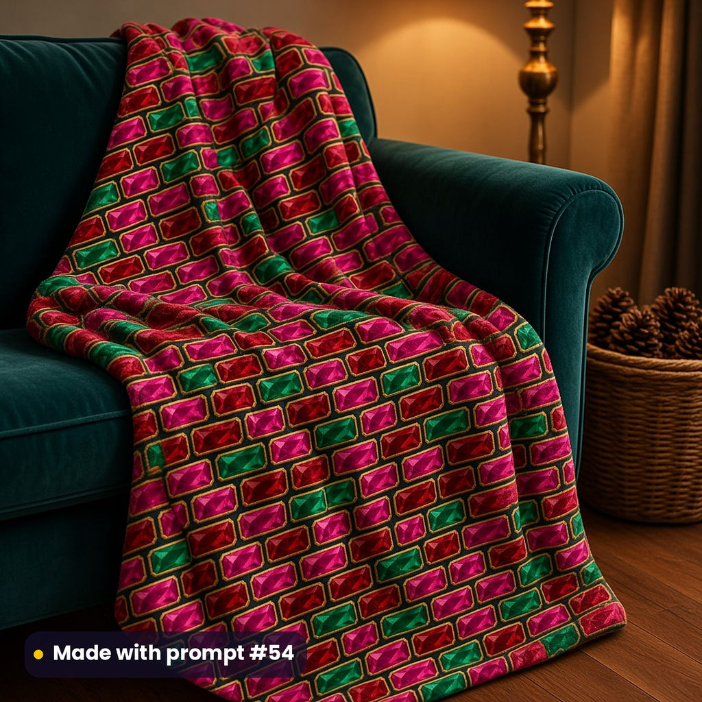 A fleece throw draped over a teal sofa, printed with rows of faceted garnet, pink and emerald gem bars framed in gold, made with prompt #54