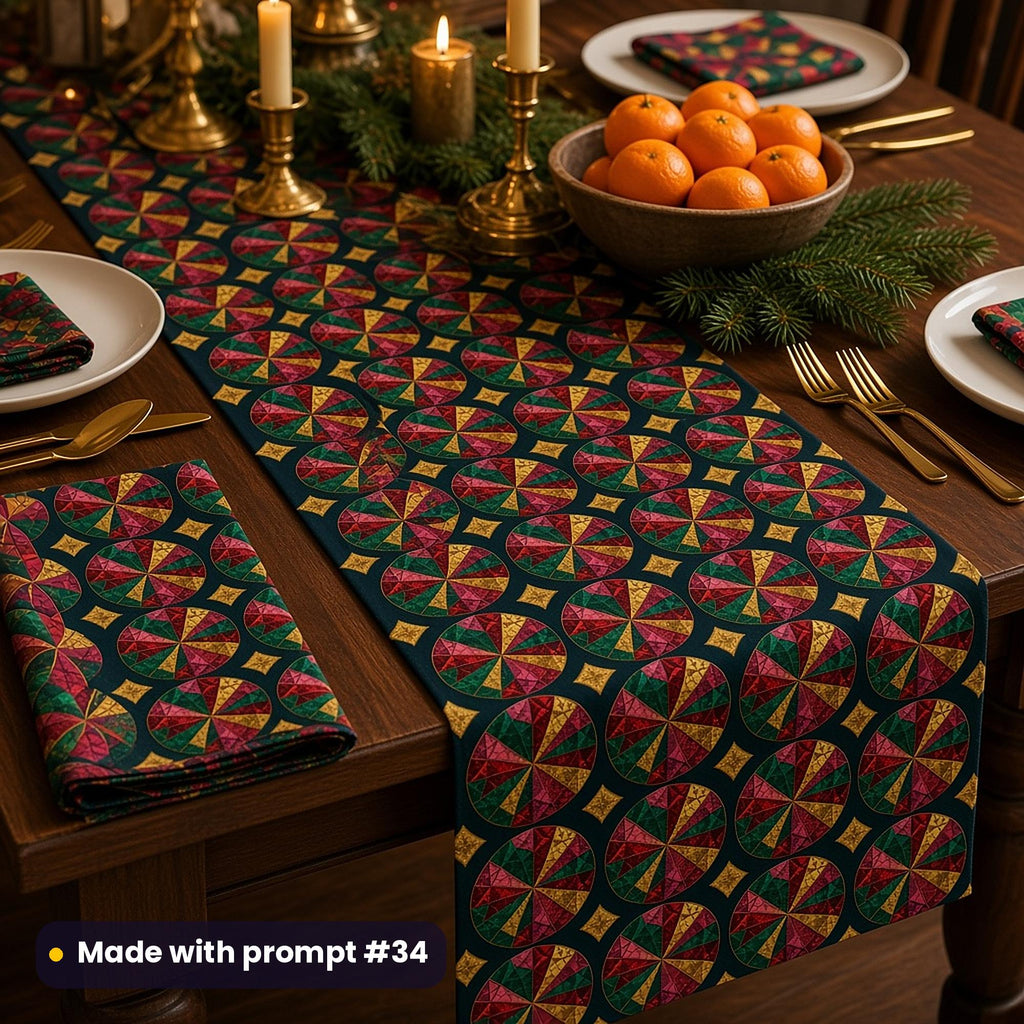 A dinner table with a runner and napkins printed with kaleidoscope jewel wheels on midnight teal, with gold candlesticks and clementines, made with prompt #34