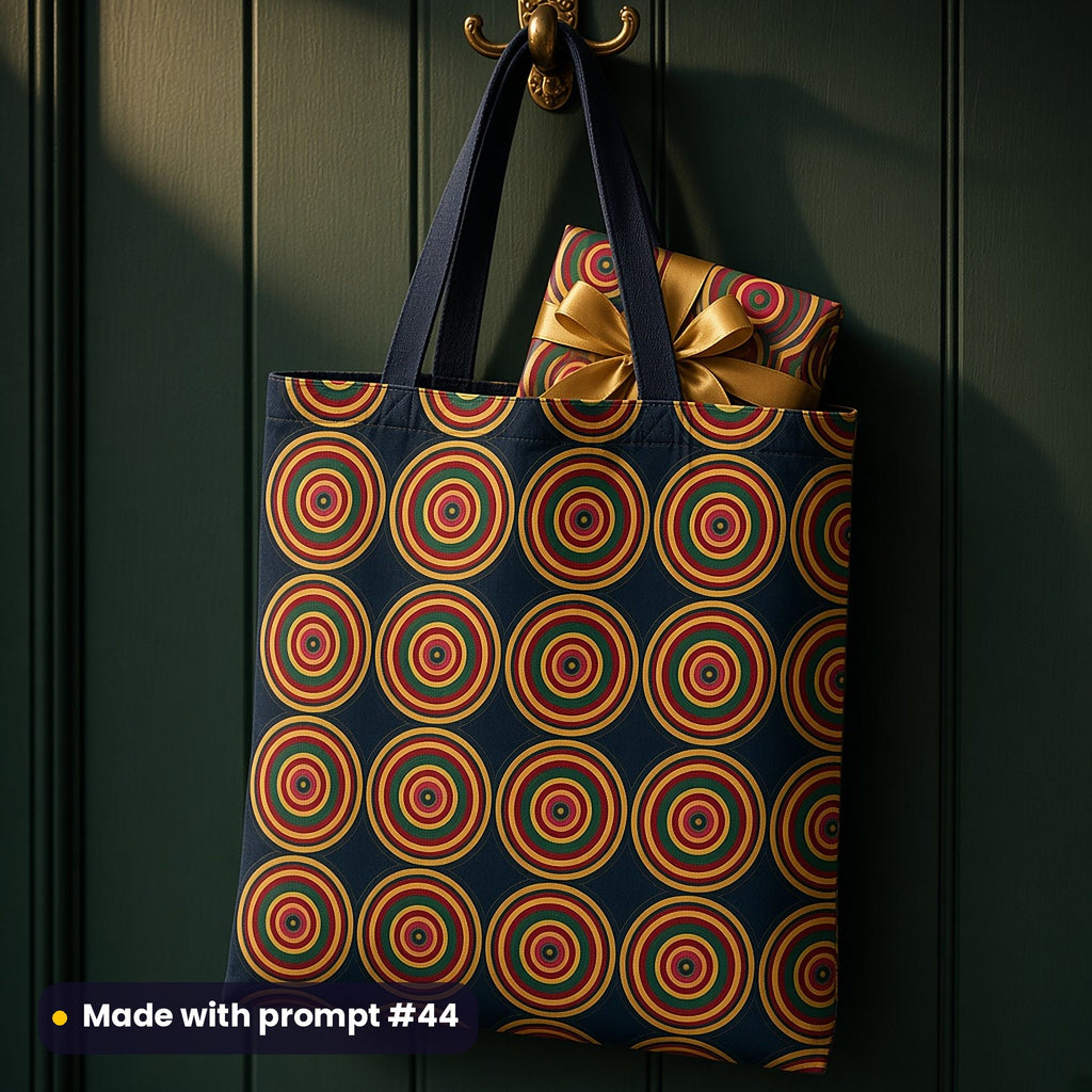 A tote bag on a brass hook, printed with gold, garnet and emerald concentric rings on midnight teal, with a wrapped present inside, made with prompt #44