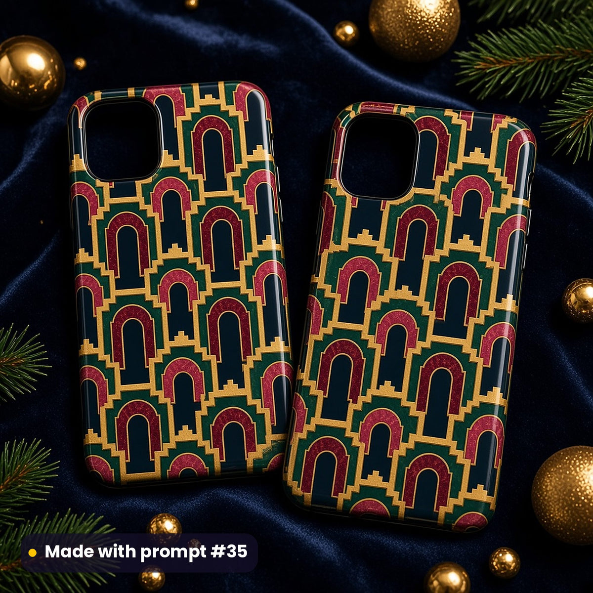 Two phone cases on dark velvet printed with stepped art deco arches in gold, garnet and emerald, with gold baubles, made with prompt #35