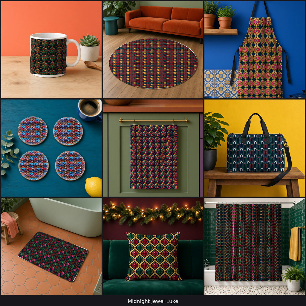 Variety collage of 9 patterns in different palettes on a mug, rug, apron, coaster, tea towel, tote bag, bath mat, cushion and shower curtain, example use of Midnight Jewel Luxe Seamless Pattern Prompt Pack