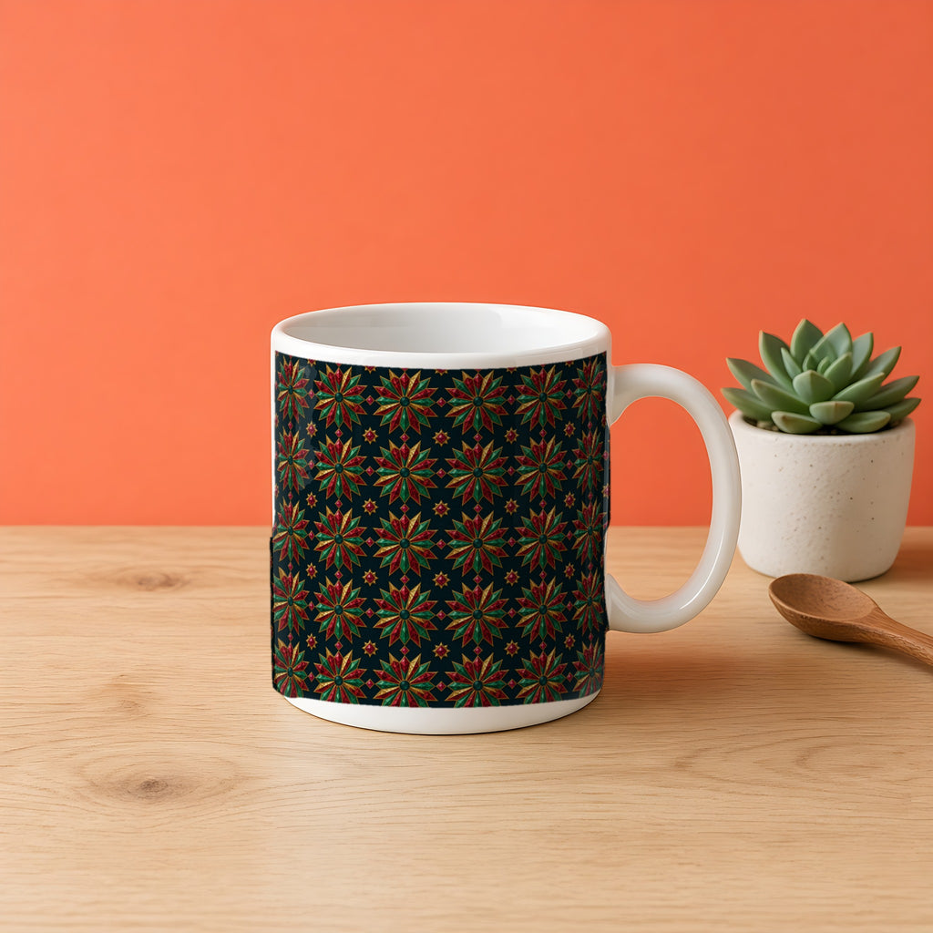 Starburst Medallions in Emerald Opulence palette on a mug, example use of Midnight Jewel Luxe Seamless Pattern Prompt Pack