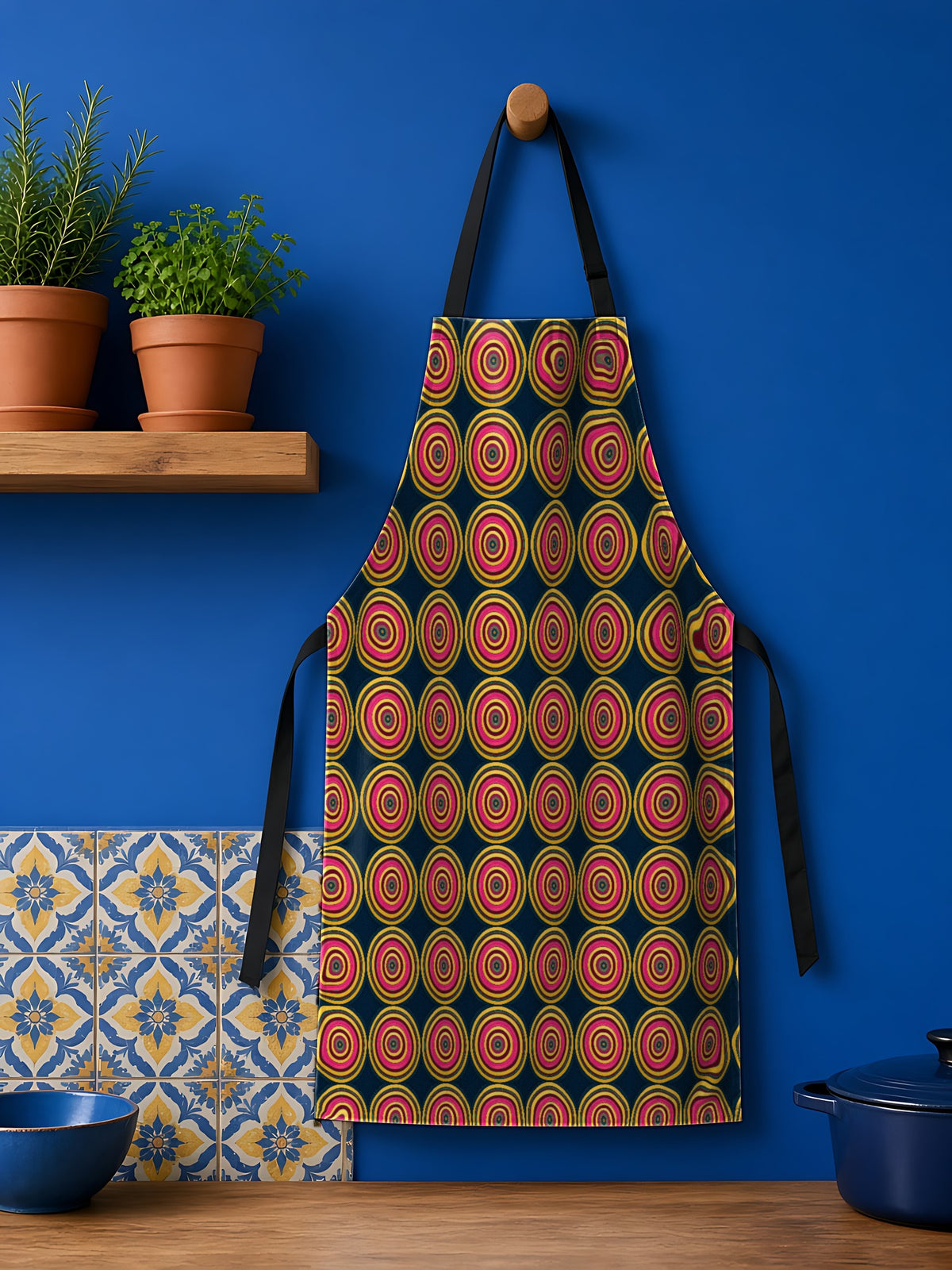 Op-Art Jewel Rings in Garnet Velvet palette on an apron, example use of Midnight Jewel Luxe Seamless Pattern Prompt Pack