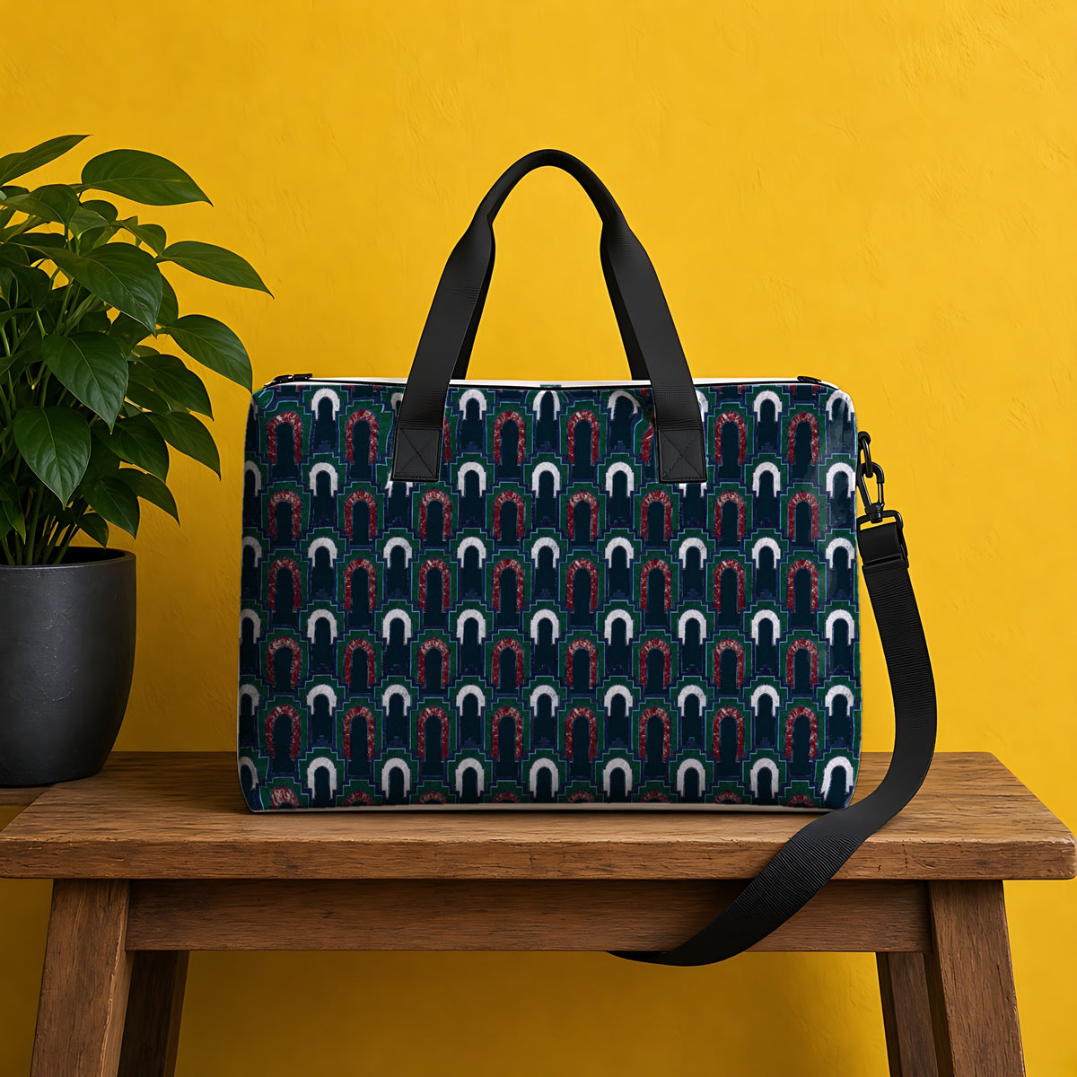 Stepped Gold Arches in Ice Jewel Night palette on a tote bag, example use of Midnight Jewel Luxe Seamless Pattern Prompt Pack