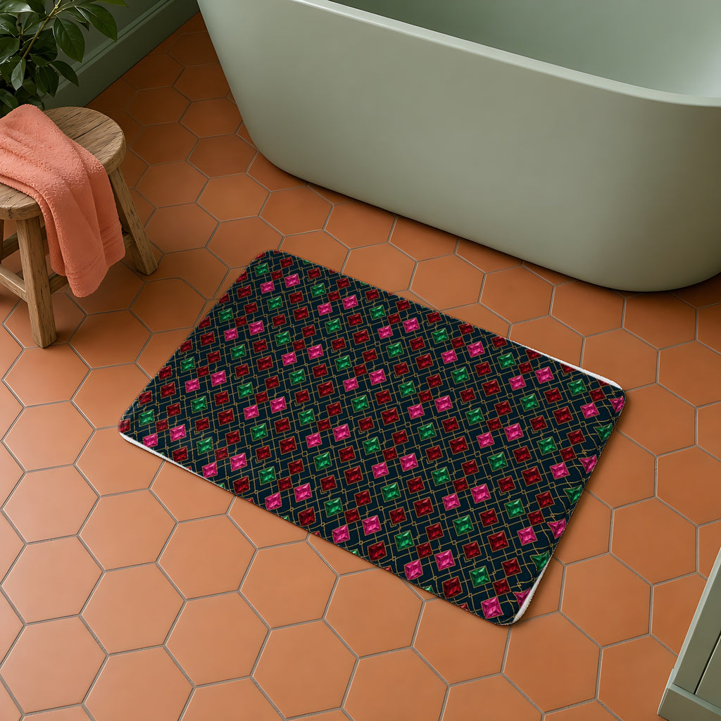 Jewel Argyle in its original colours on a bath mat, example use of Midnight Jewel Luxe Seamless Pattern Prompt Pack
