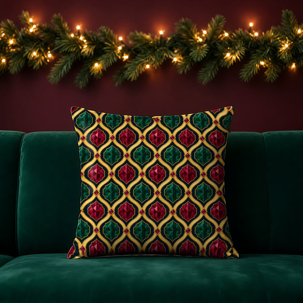 Radiant Gold Lattice in its original colours on a cushion, example use of Midnight Jewel Luxe Seamless Pattern Prompt Pack