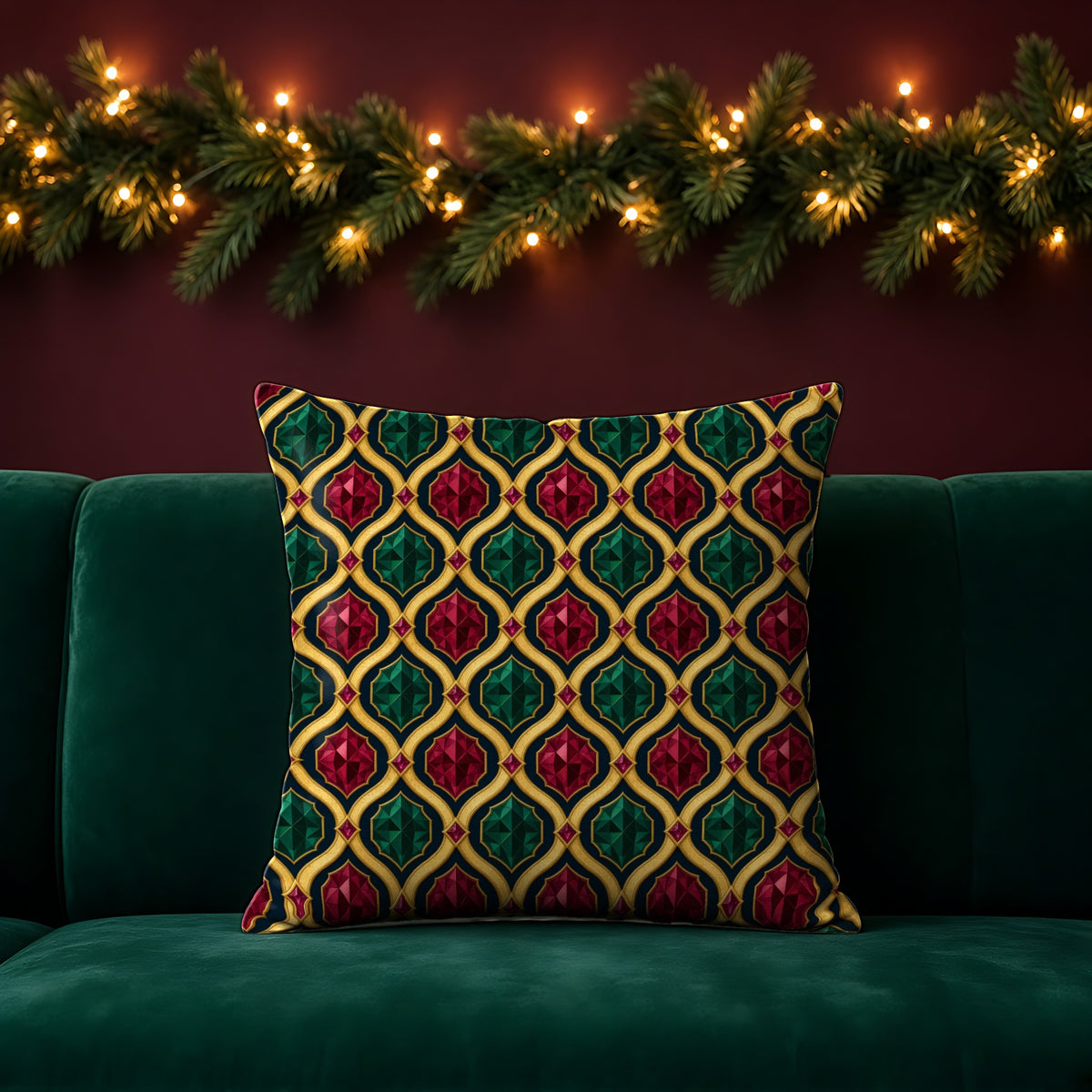 Radiant Gold Lattice in its original colours on a cushion, example use of Midnight Jewel Luxe Seamless Pattern Prompt Pack