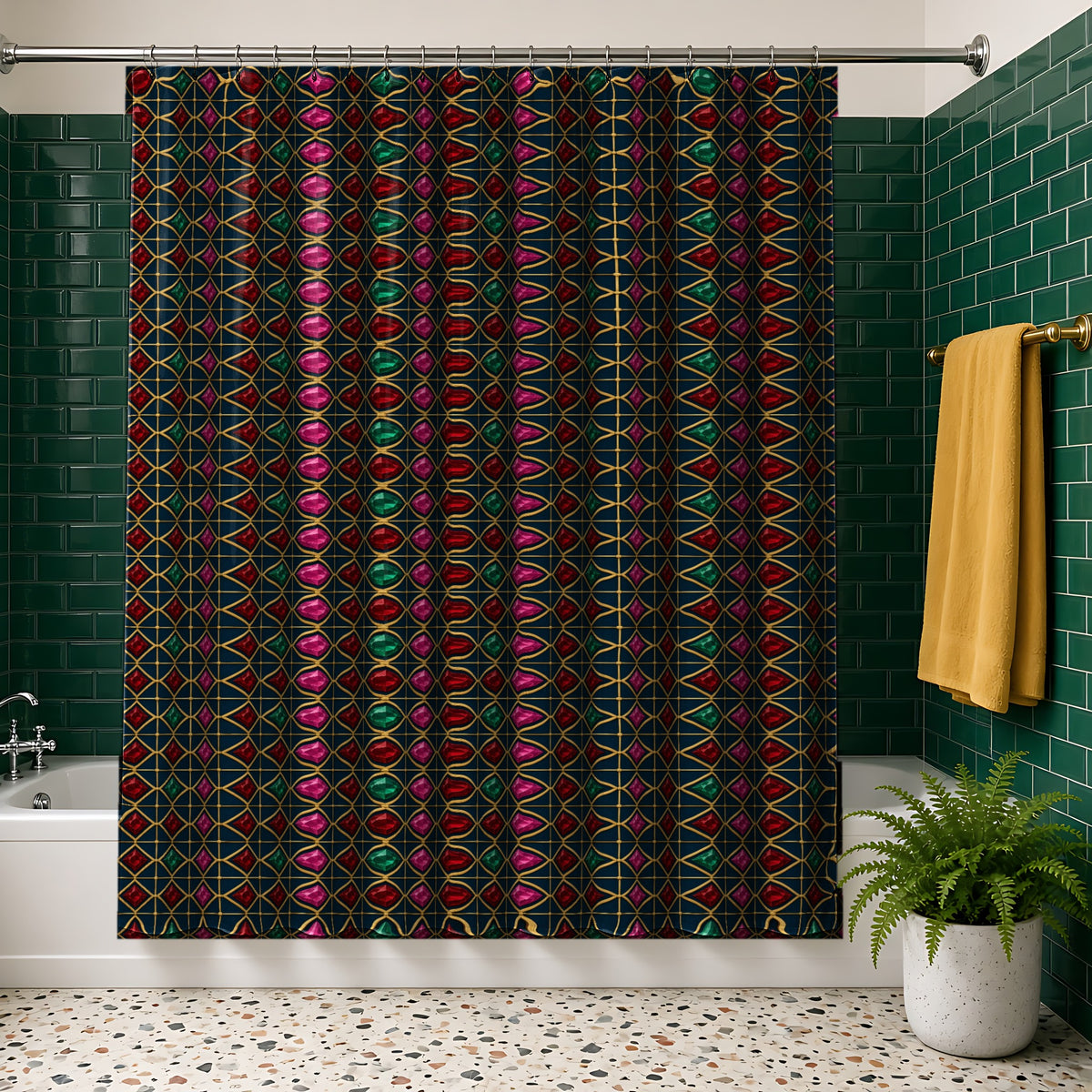 Gold Diamond Trellis in its original colours on a shower curtain, example use of Midnight Jewel Luxe Seamless Pattern Prompt Pack