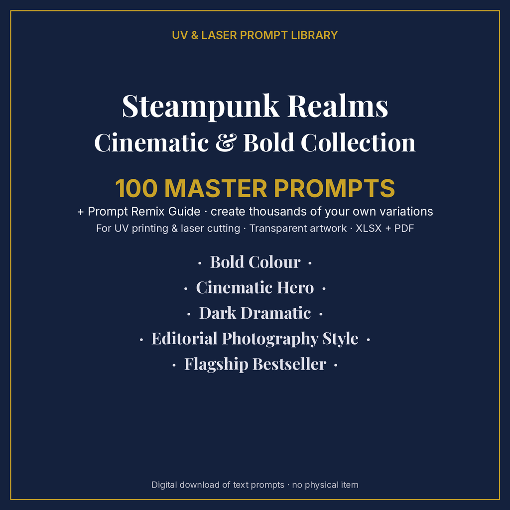 Cover: Steampunk Realms Cinematic & Bold Collection, 100 master prompts + Prompt Remix Guide