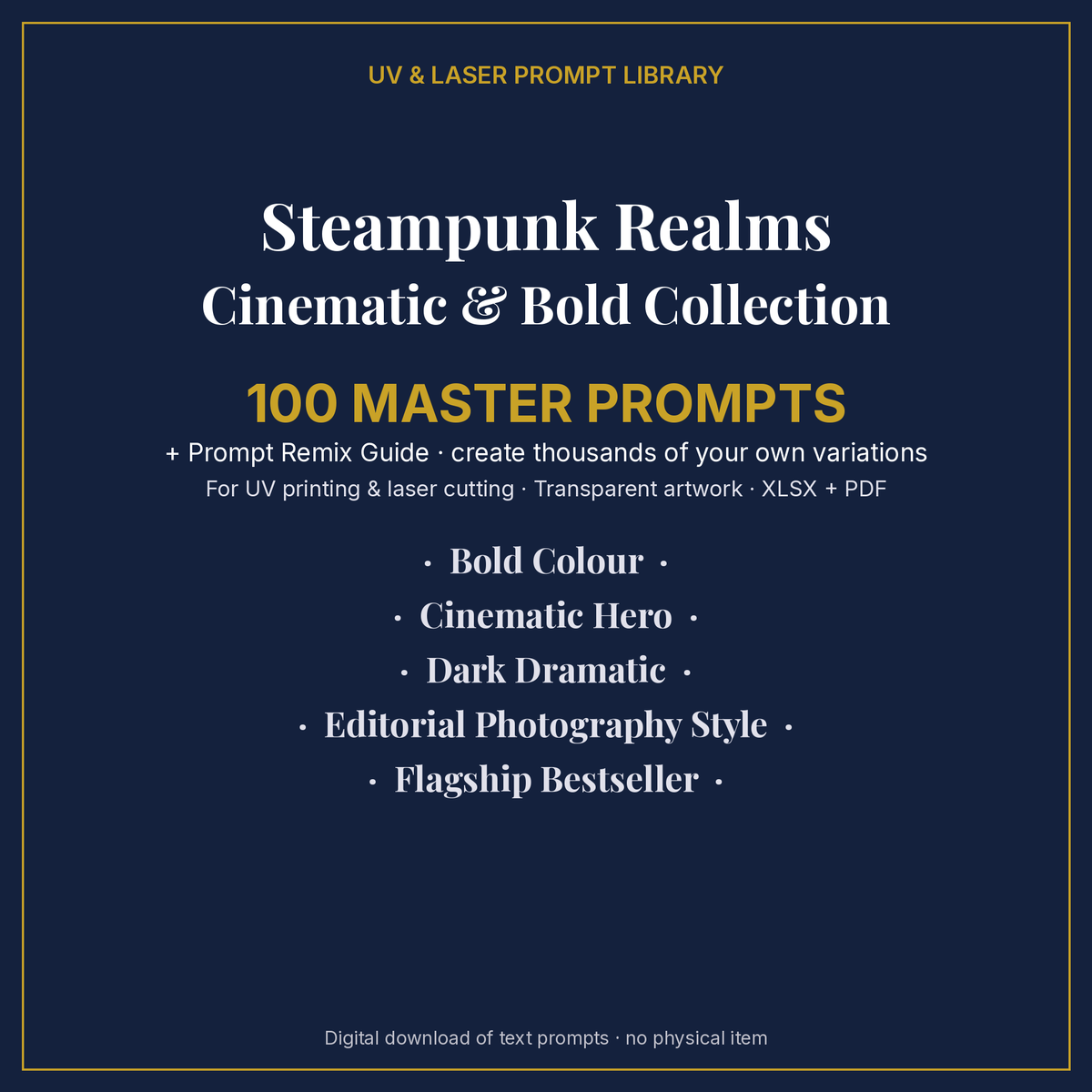 Cover: Steampunk Realms Cinematic & Bold Collection, 100 master prompts + Prompt Remix Guide