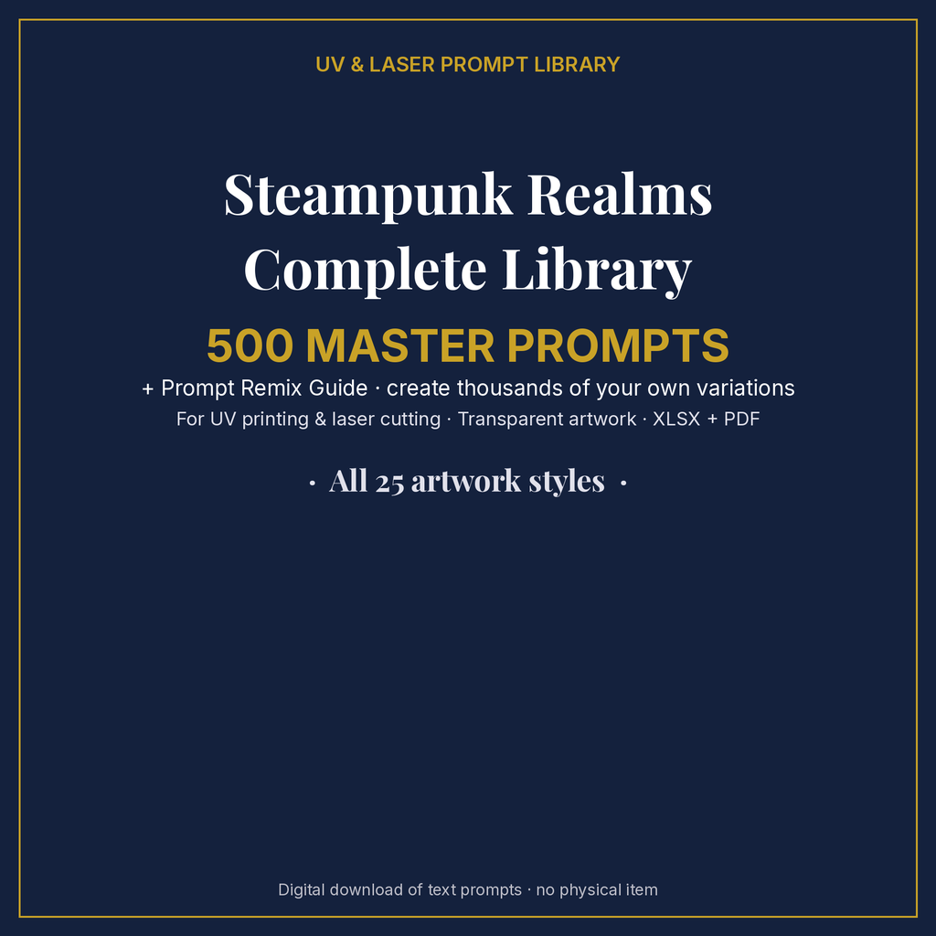 Cover: Steampunk Realms Complete Library, 500 master prompts + Prompt Remix Guide