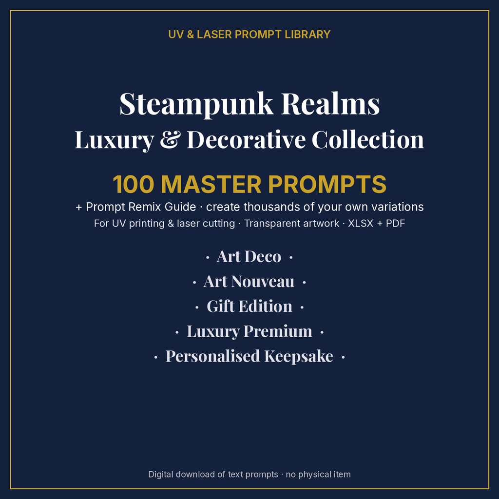 Cover: Steampunk Realms Luxury & Decorative Collection, 100 master prompts + Prompt Remix Guide