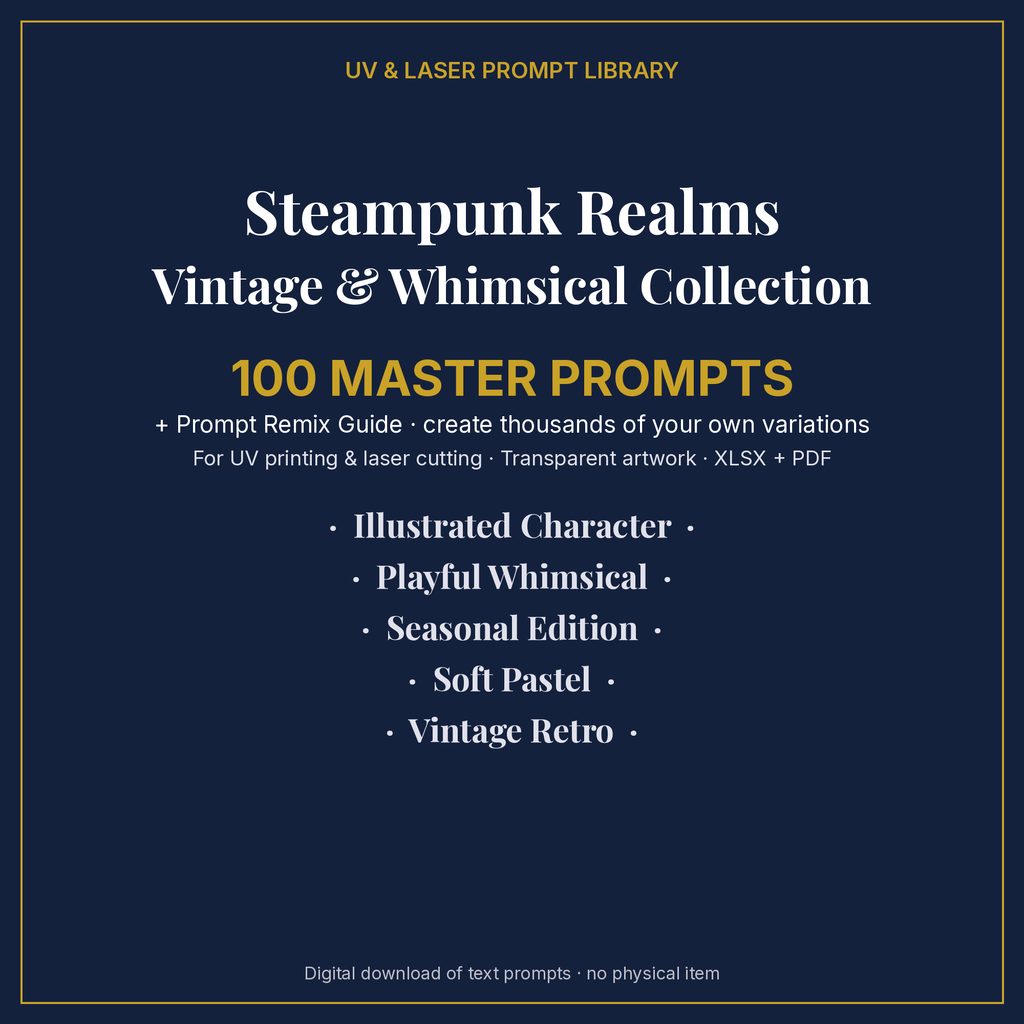 Cover: Steampunk Realms Vintage & Whimsical Collection, 100 master prompts + Prompt Remix Guide