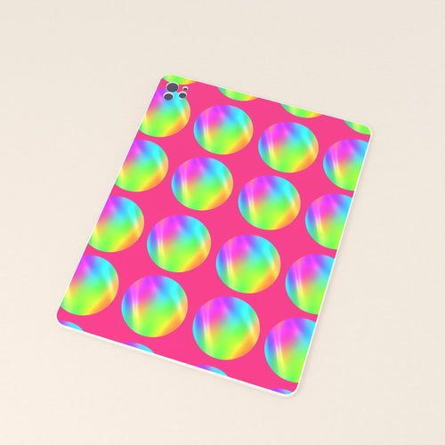 UV printed (back panel only): a tablet case with bold printed artwork on the flat back panel only, plain white sides, and clean camera cut-outs with no artwork over the openings, from the pack outline.