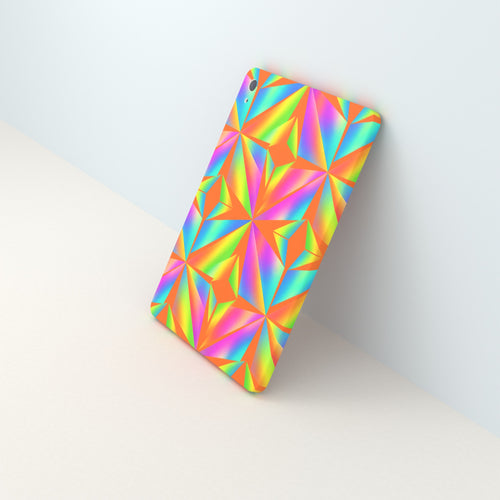 Sublimation wrap-around: a tablet case leaning on a wall with the artwork wrapping continuously from the back round the sides and edges, with clean camera cut-outs.