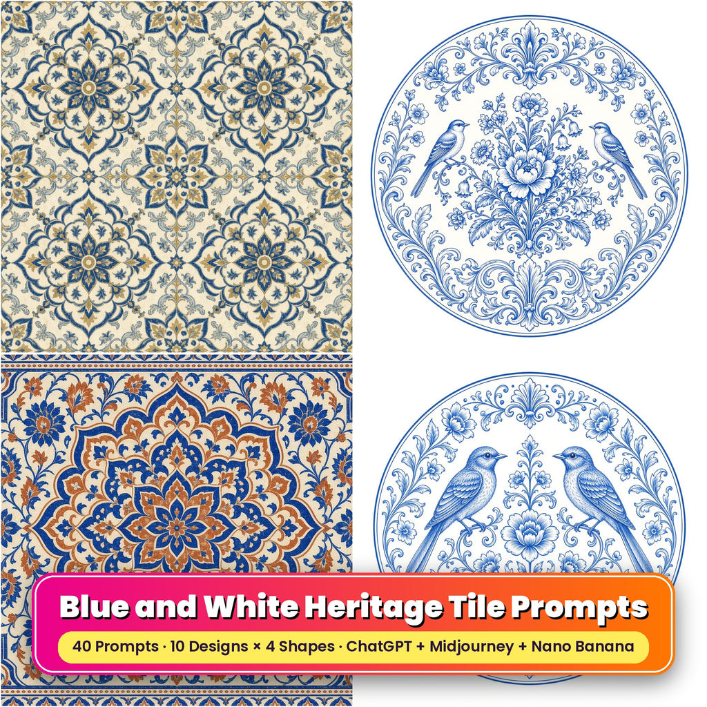 Blue and White Heritage Tile Tableware Prompt Pack title card: Indigo Floral Tile Heritage (Square), Delft Garden Blue Heritage (Circular), Heritage Cobalt Medallion (3:2), Classic Delft Bird and Vine (Circular), made with prompts #1, #6, #11, #14