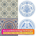 Blue and White Heritage Tile Tableware Prompt Pack title card: Indigo Floral Tile Heritage (Square), Delft Garden Blue Heritage (Circular), Heritage Cobalt Medallion (3:2), Classic Delft Bird and Vine (Circular), made with prompts #1, #6, #11, #14