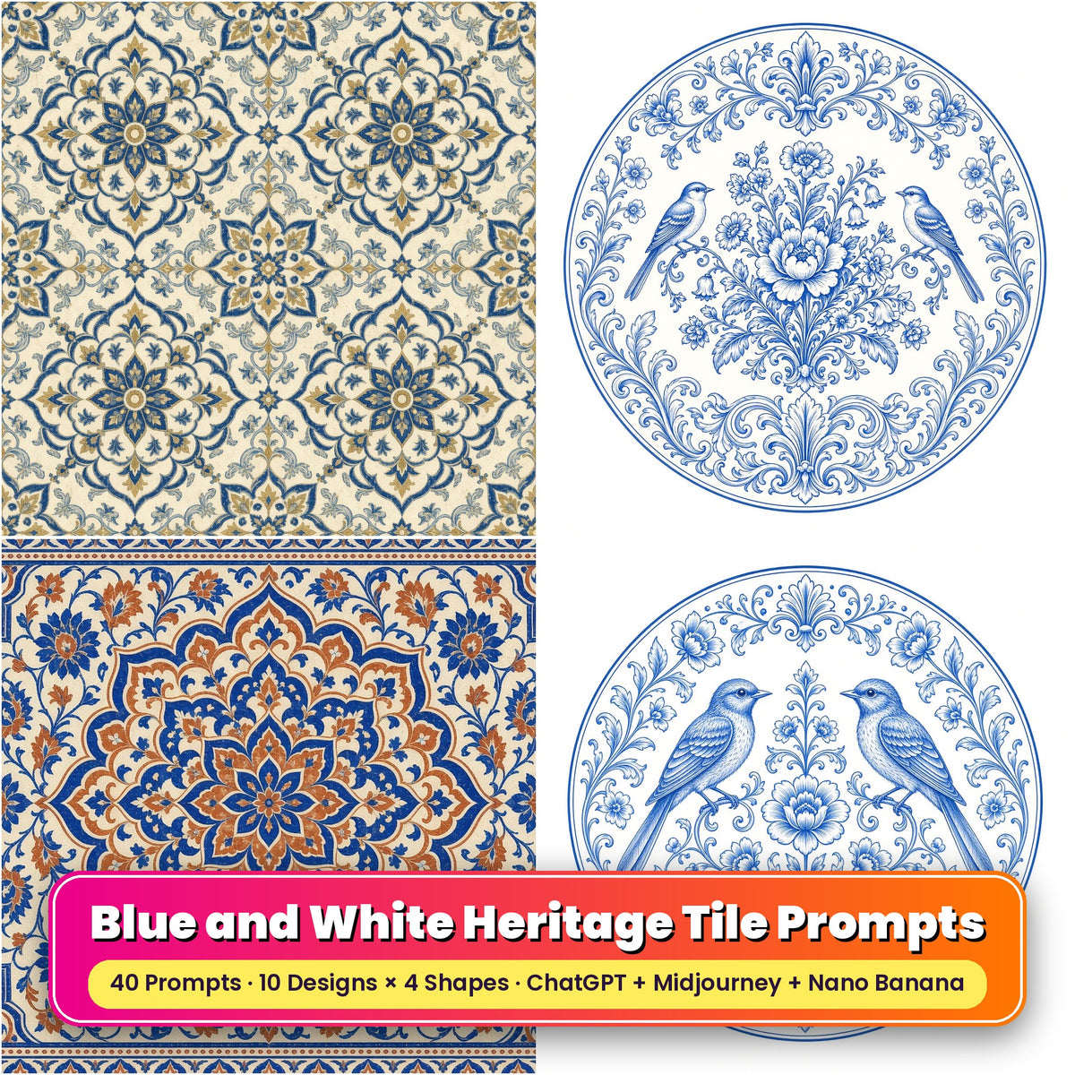 Blue and White Heritage Tile Tableware Prompt Pack title card: Indigo Floral Tile Heritage (Square), Delft Garden Blue Heritage (Circular), Heritage Cobalt Medallion (3:2), Classic Delft Bird and Vine (Circular), made with prompts #1, #6, #11, #14