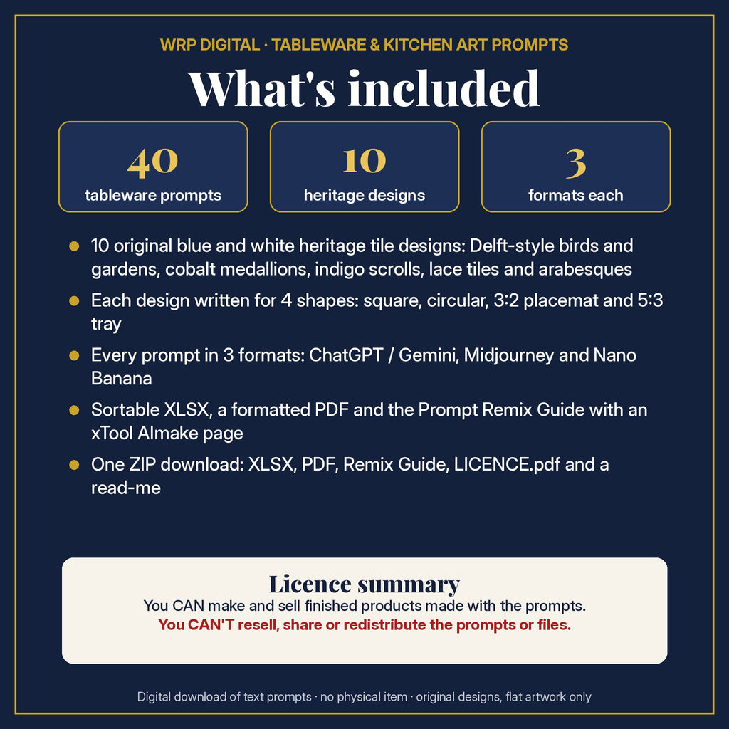 What's included in the Blue and White Heritage Tile Tableware Prompt Pack: 40 prompts, 10 blue and white heritage tile designs in 4 shapes, 3 formats, XLSX and PDF, Prompt Remix Guide, ZIP and a licence summary