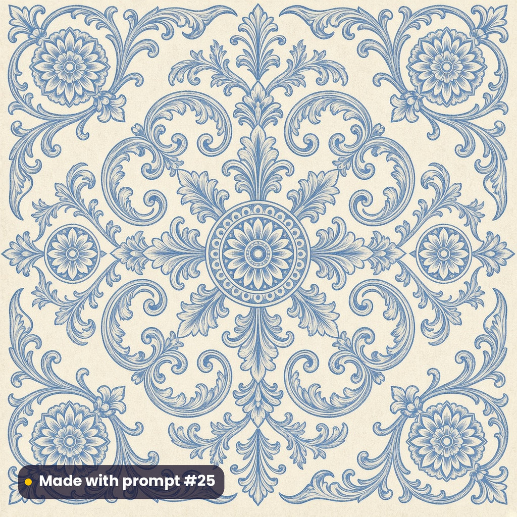 Antique Blue Heritage Scroll Tile artwork for a square slate coaster, made with prompt #25 from the Blue and White Heritage Tile Tableware Prompt Pack